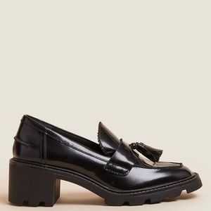 Leather Chunky Tassel Block Heel Loafers